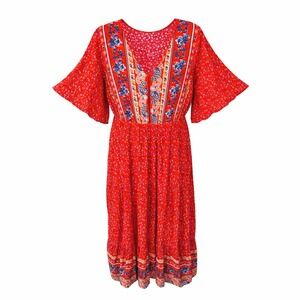 Pretty Garden Red Floral Boho Midi Dress Flutter Sleeve V Neck Smocked‎ Waist XL